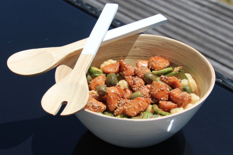 Mediterranean Pasta Salad with Zucchini & Soy Chicken