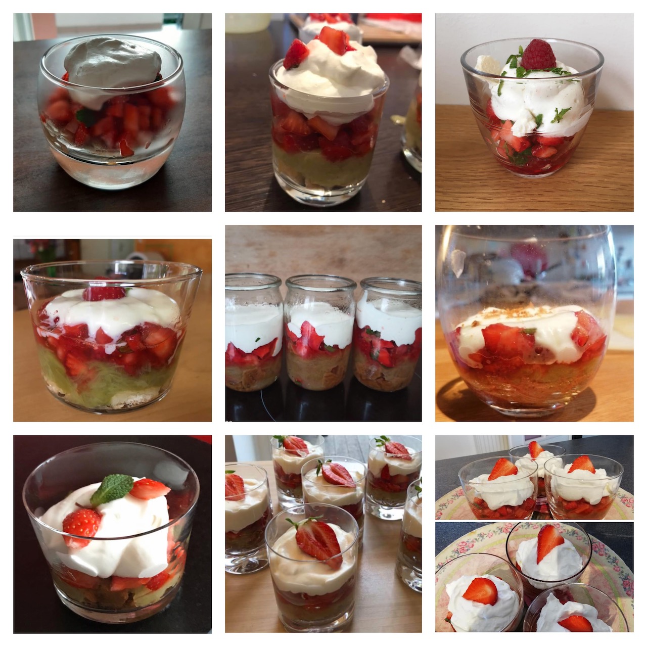 Close-up of a verrine with strawberries, rhubarb, and cream, a gourmet strawberry rhubarb dessert