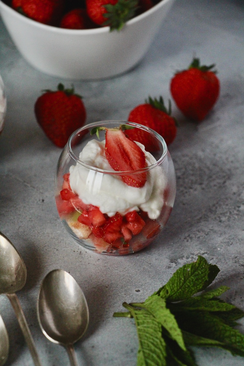 Elegant strawberry rhubarb dessert verrine with creamy mousse