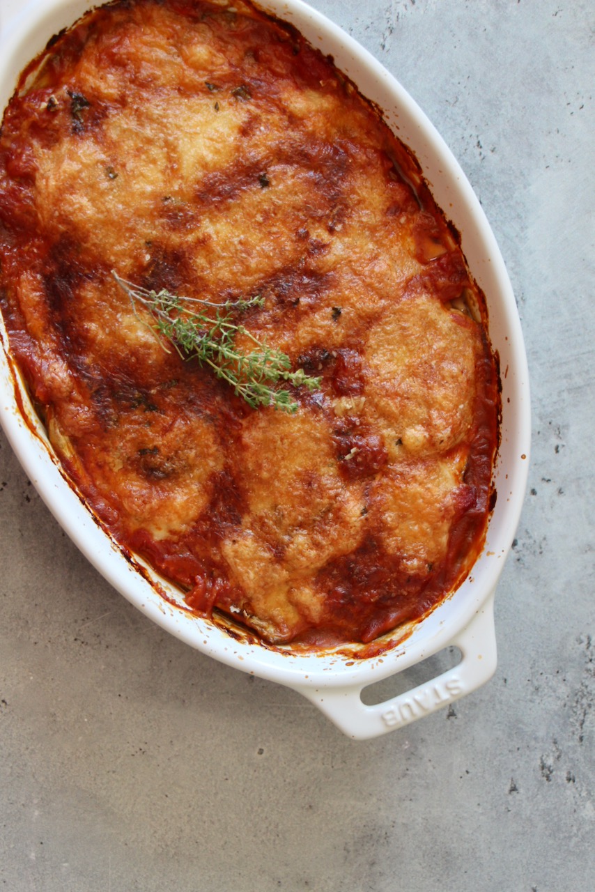 Golden brown parmigiana eggplant gratin