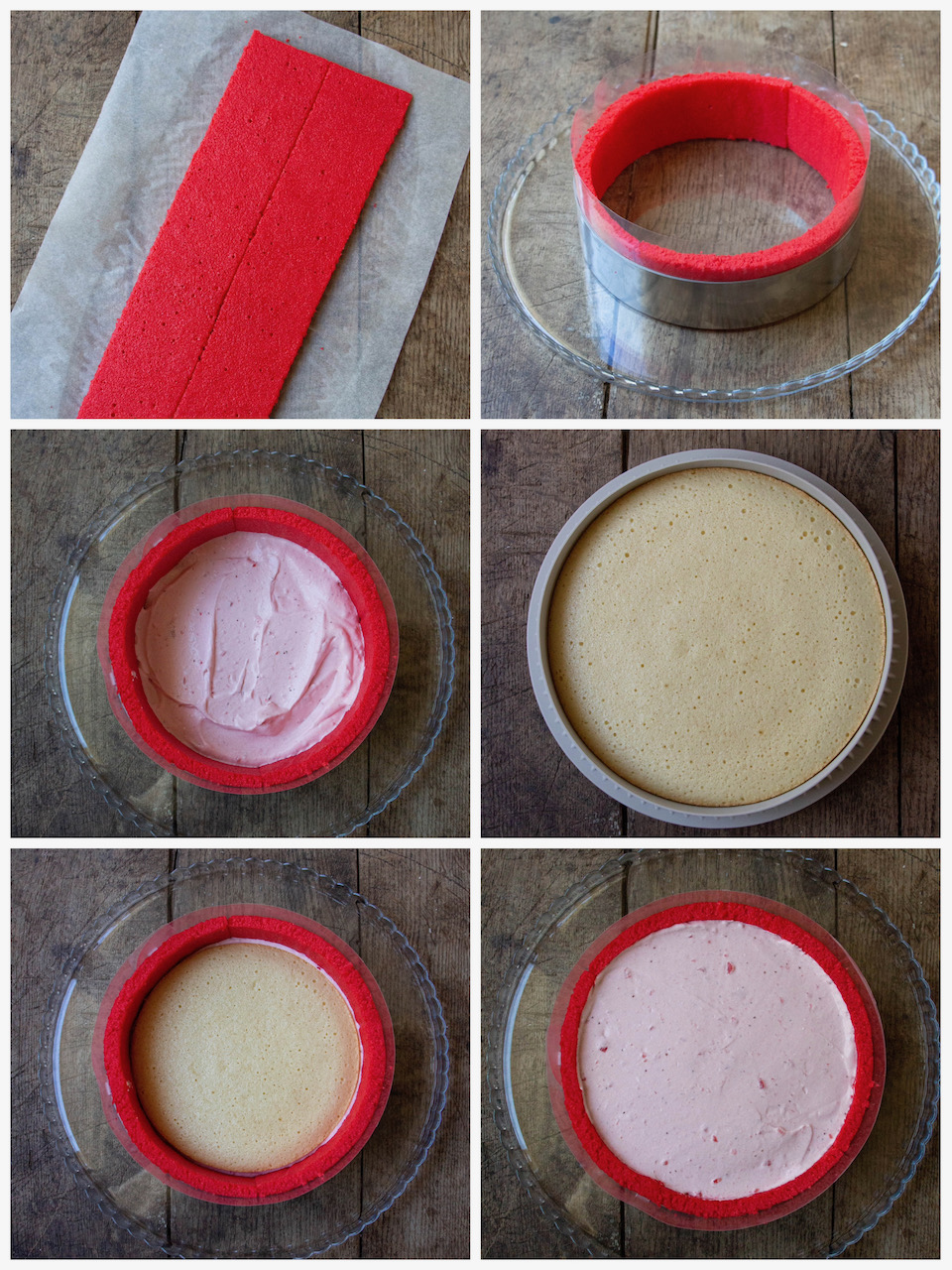 Steps of assembling the strawberry Bavarian cream with biscuit and pink mousse
