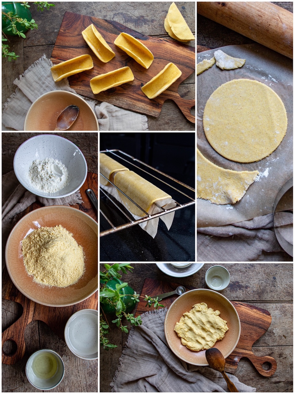 Mexican taco dough being prepared on a rustic wooden board