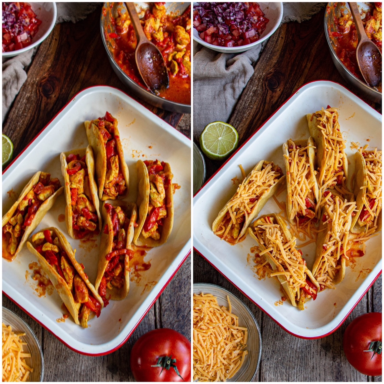 Mexican chicken tacos topped with shredded cheese and colorful vegetables