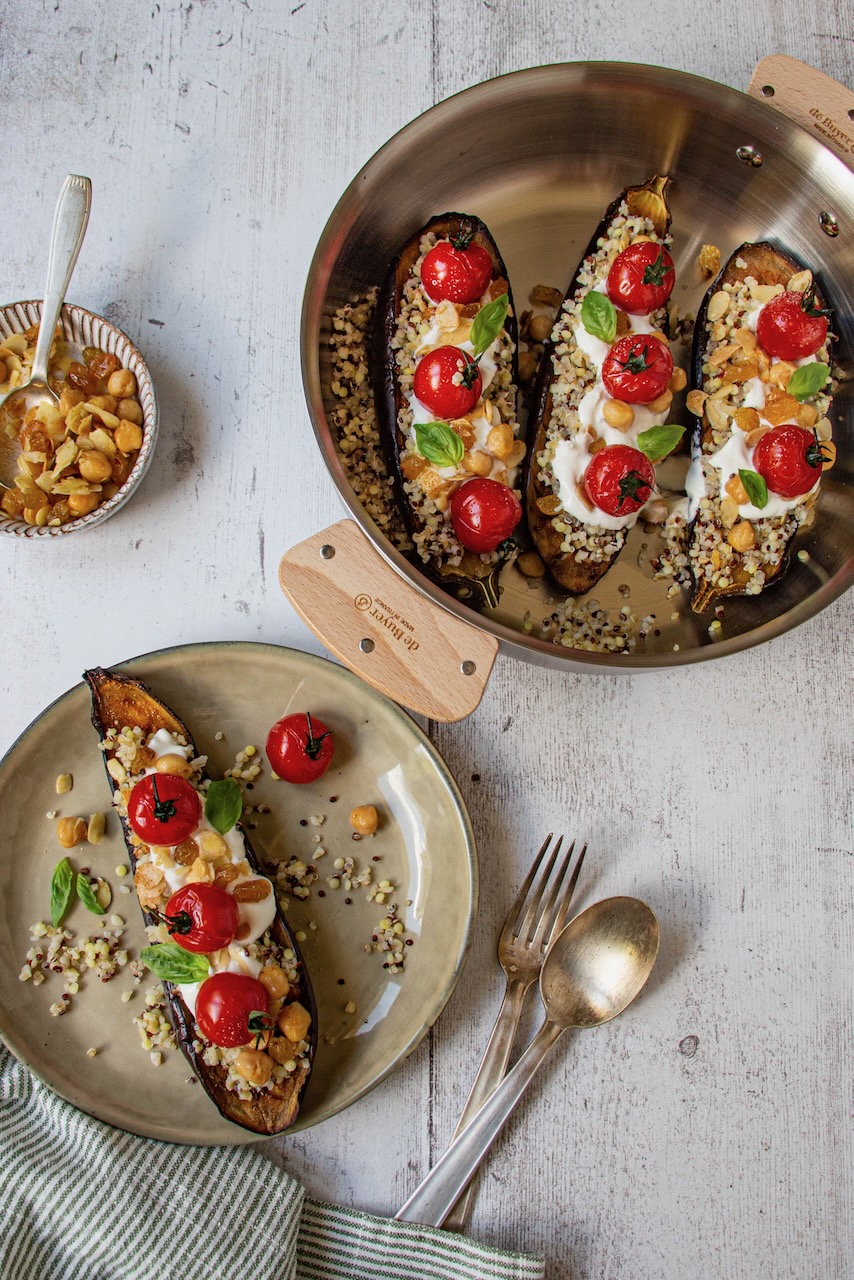 Roasted eggplants with cherry tomatoes and quinoa
