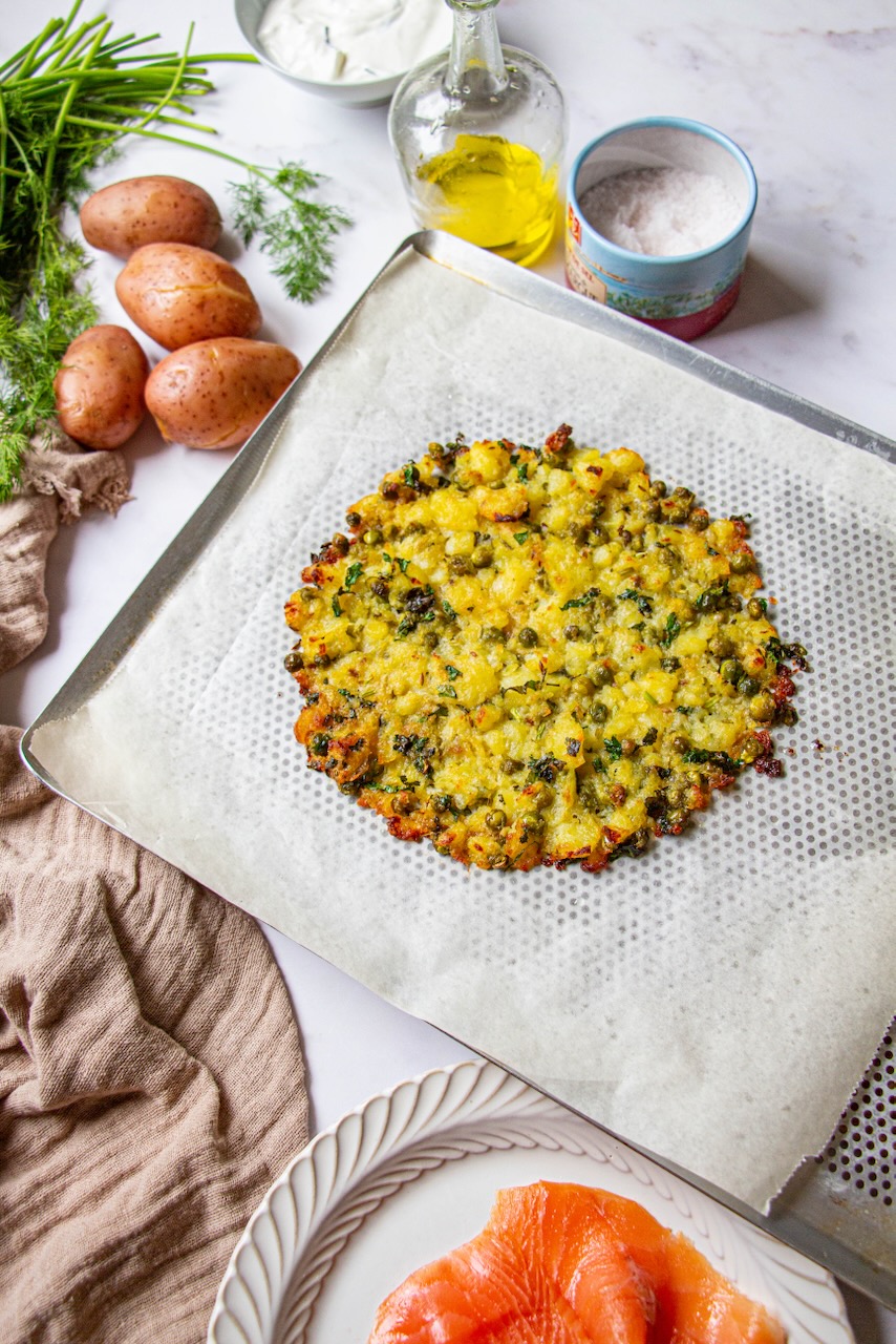 Golden potato tart base with smoked salmon on the side