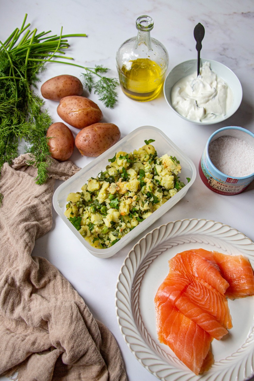 Ingredients arranged for the potato base topped with smoked salmon