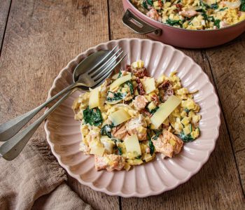 Crozets with Spinach, Salmon and Sun-dried Tomatoes