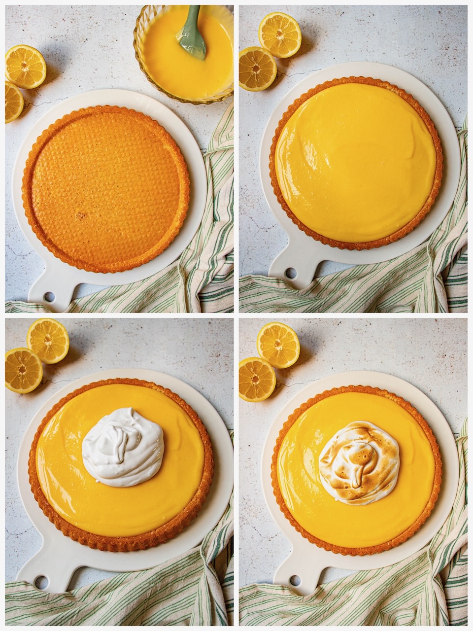 Lemon meringue cake with white and golden meringue in the center