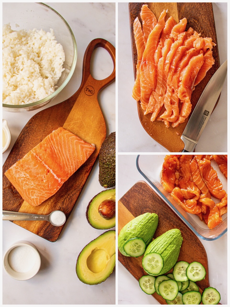 Slices of salmon on a cutting board, with avocado and sliced cucumber next to it