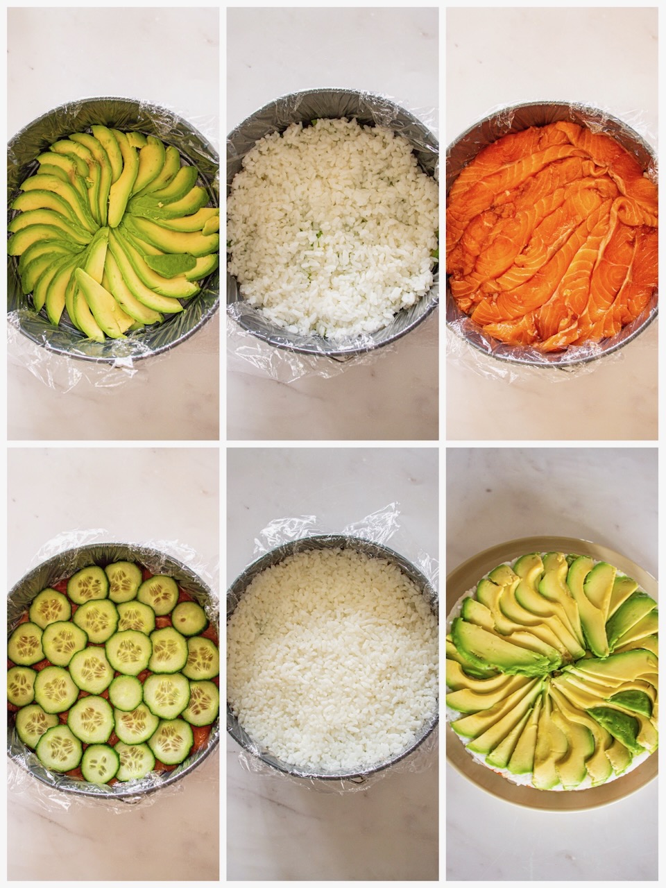 Six stages of preparation for the Avocado Salmon Sushi Cake, showing layers of ingredients